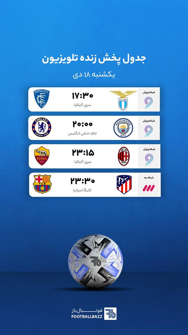 برنامه پخش زنده فوتبال امروز، یکشنبه 18 دی 