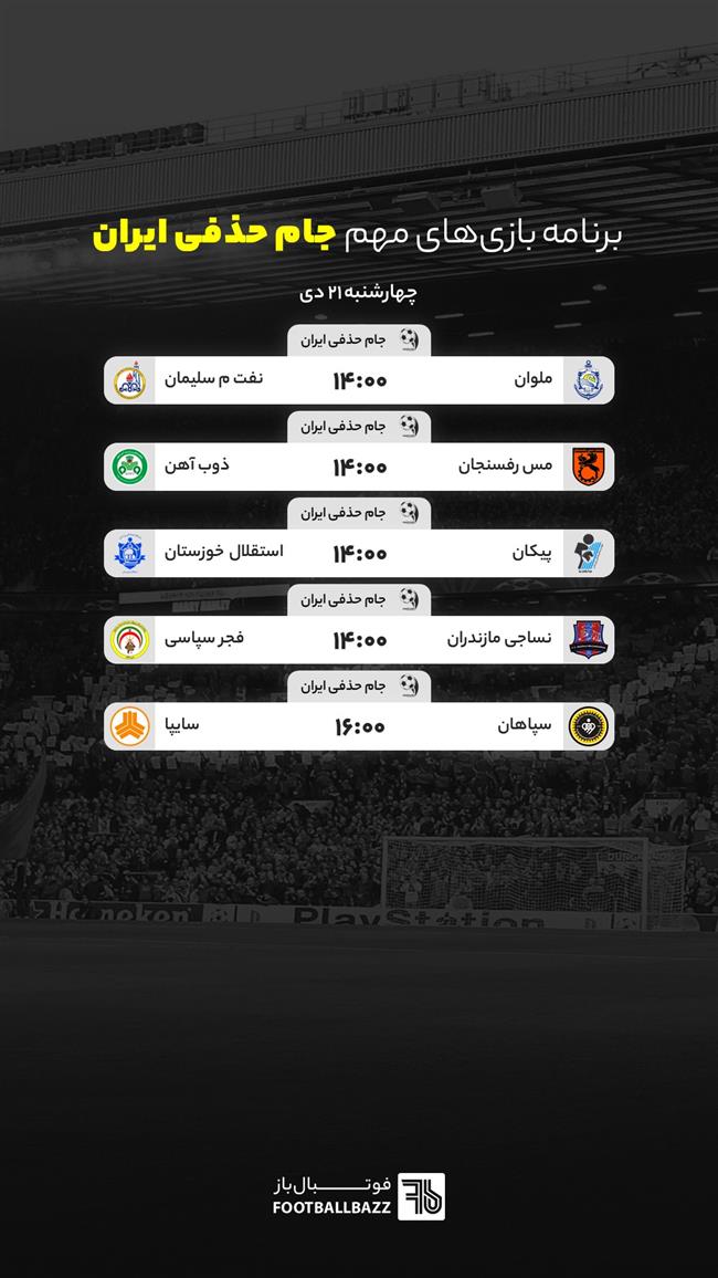برنامه بازی های جام حذفی ایران، چهارشنبه 21 دی