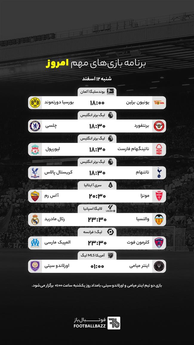 برنامه بازی‌ های مهم امروز - شنبه 12 اسفند