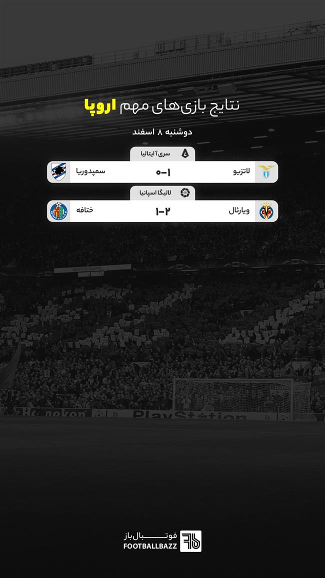 نتایج بازی های مهم اروپا، دوشنبه 8 اسفند