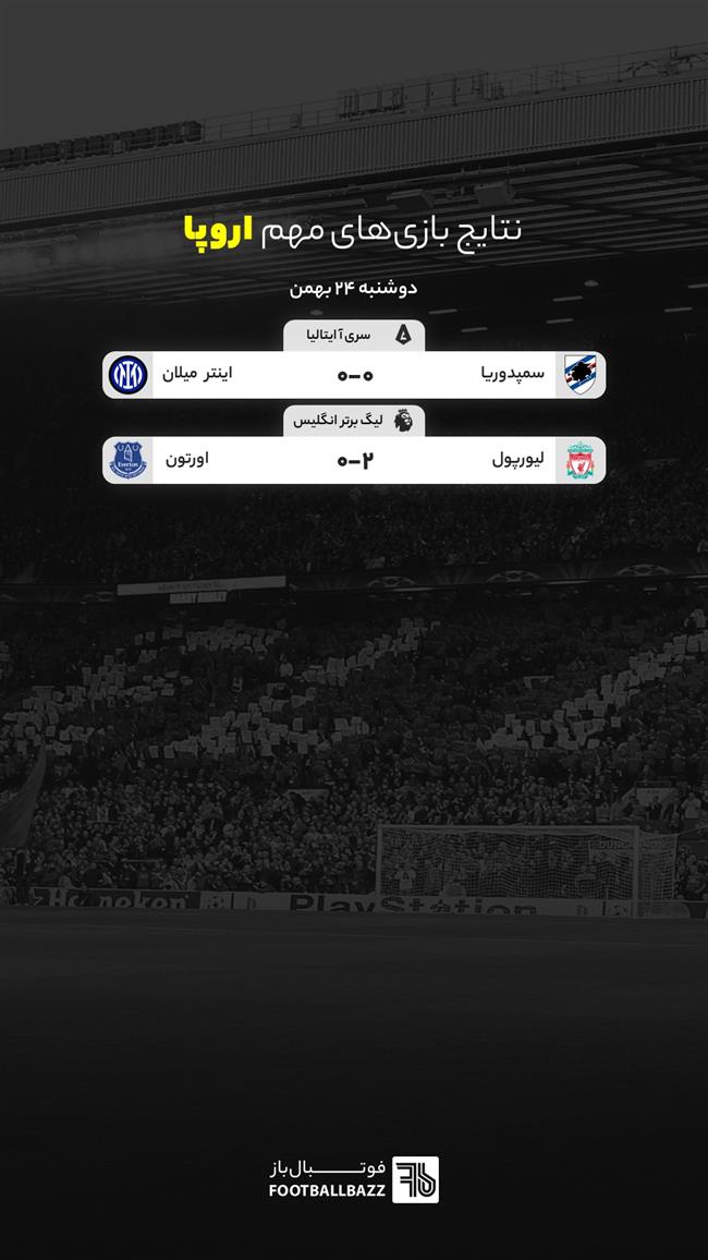 نتایج بازی های مهم اروپا، دوشنبه 24 بهمن