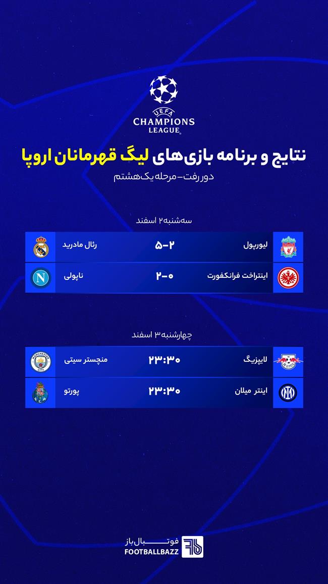 برنامه بازی های لیگ قهرمانان اروپا مرحله یک هشتم، چهارشنبه 3 اسفند