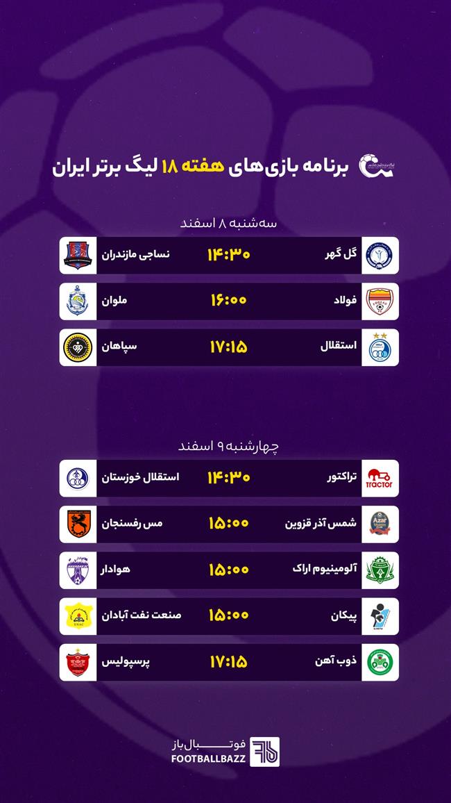 برنامه بازی‌ های هفته 18 لیگ برتر ایران - سه‌ شنبه 8 اسفند