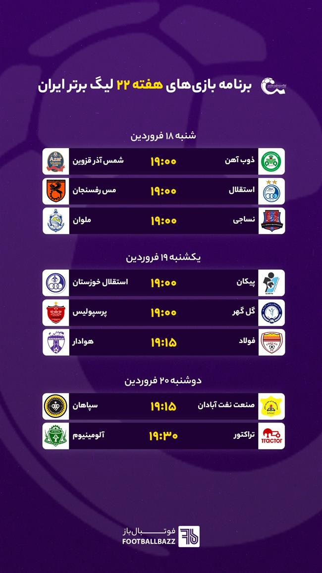 برنامه بازی های هفته 22 لیگ برتر ایران