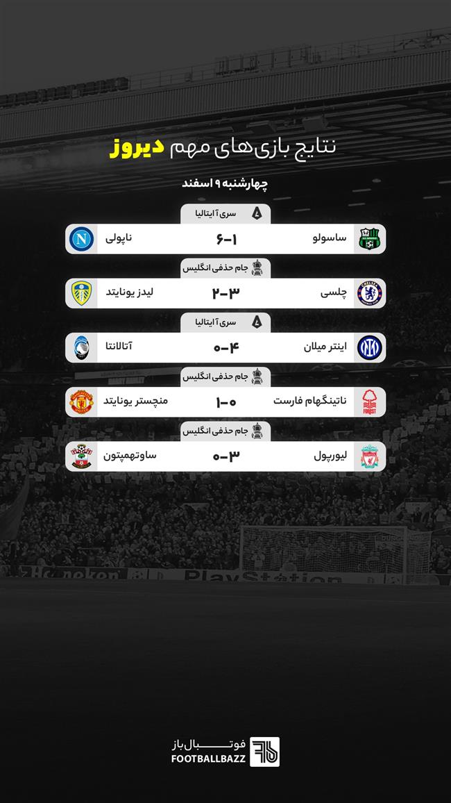 نتایج بازی‌ های مهم دیروز - چهارشنبه 9 اسفند