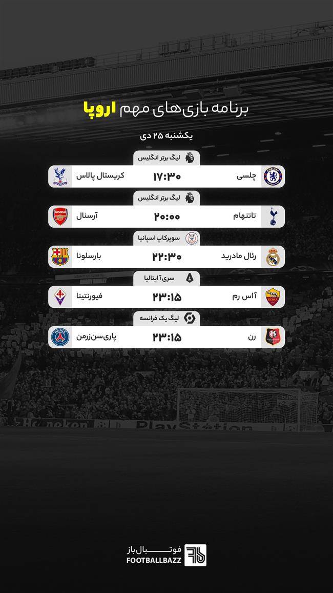 برنامه بازی های مهم اروپا، یکشنبه 25 دی