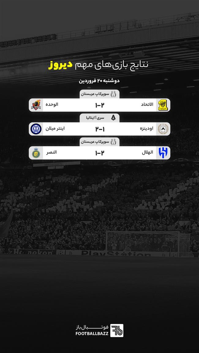 نتایج بازی های مهم دیروز - دوشنبه 20 فروردین