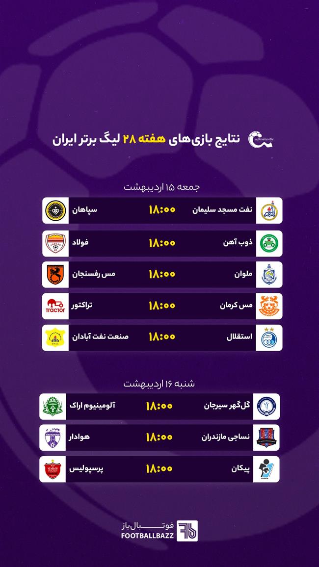 برنامه بازی های هفته بیست و هشتم لیگ برتر ایران