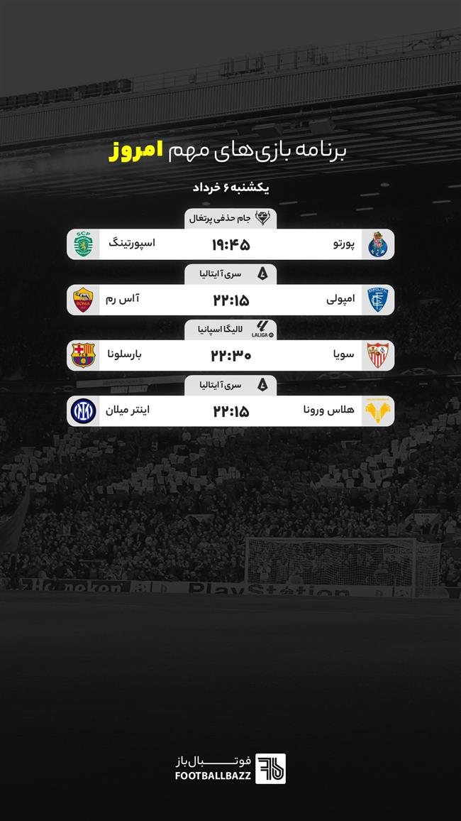 برنامه بازی های مهم امروز اروپا - یکشنبه 6 خرداد