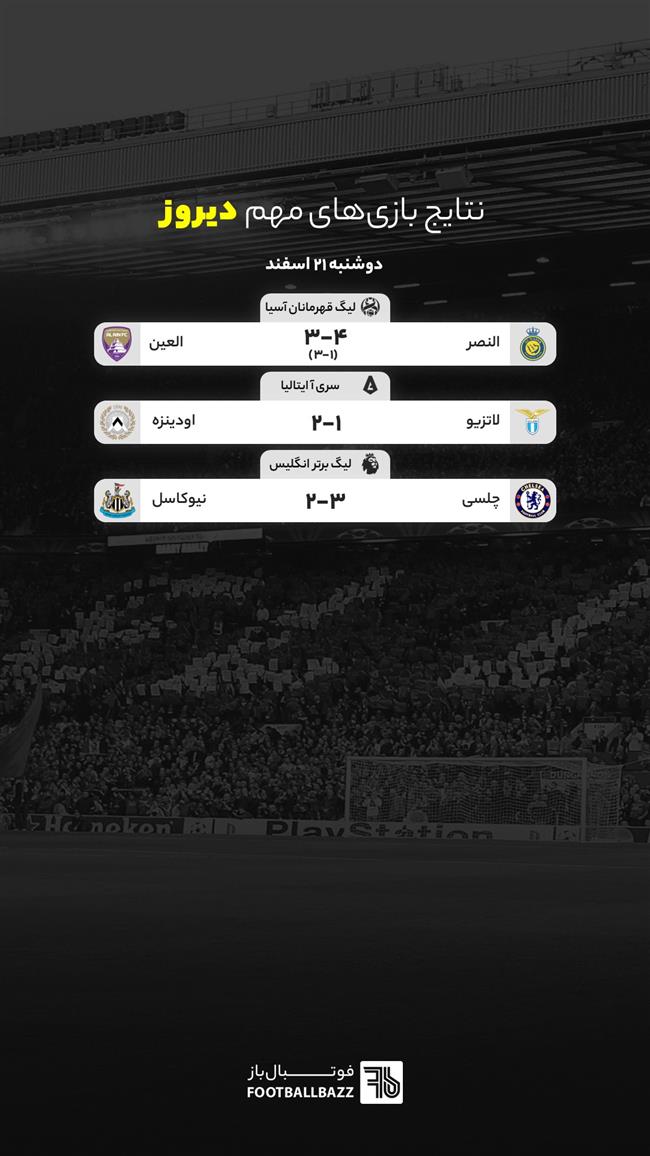 نتایج بازی های مهم دیروز، دوشنبه 21 اسفند