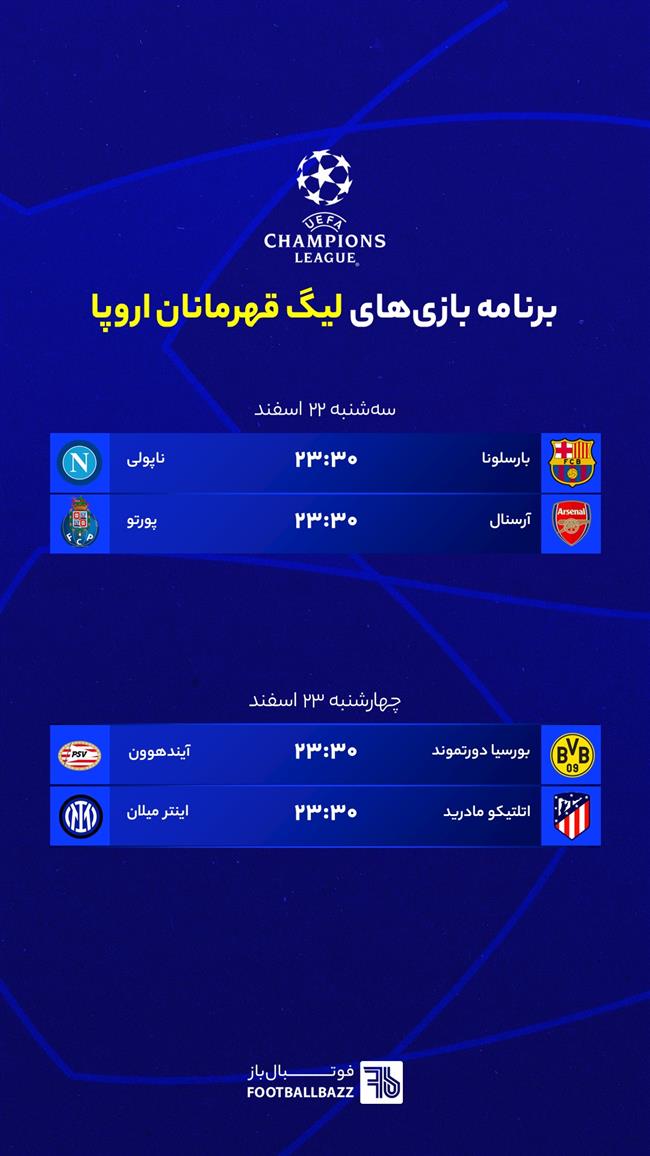 برنامه بازی‌ های لیگ قهرمانان اروپا - سه شنبه 22 اسفند