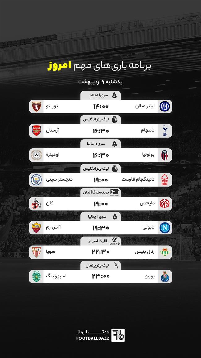 برنامه بازی های مهم امروز اروپا - یکشنبه 9 اردیبهشت