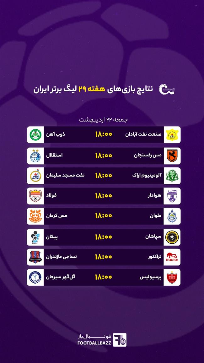 برنامه بازی های هفته بیست و نهم لیگ برتر ایران