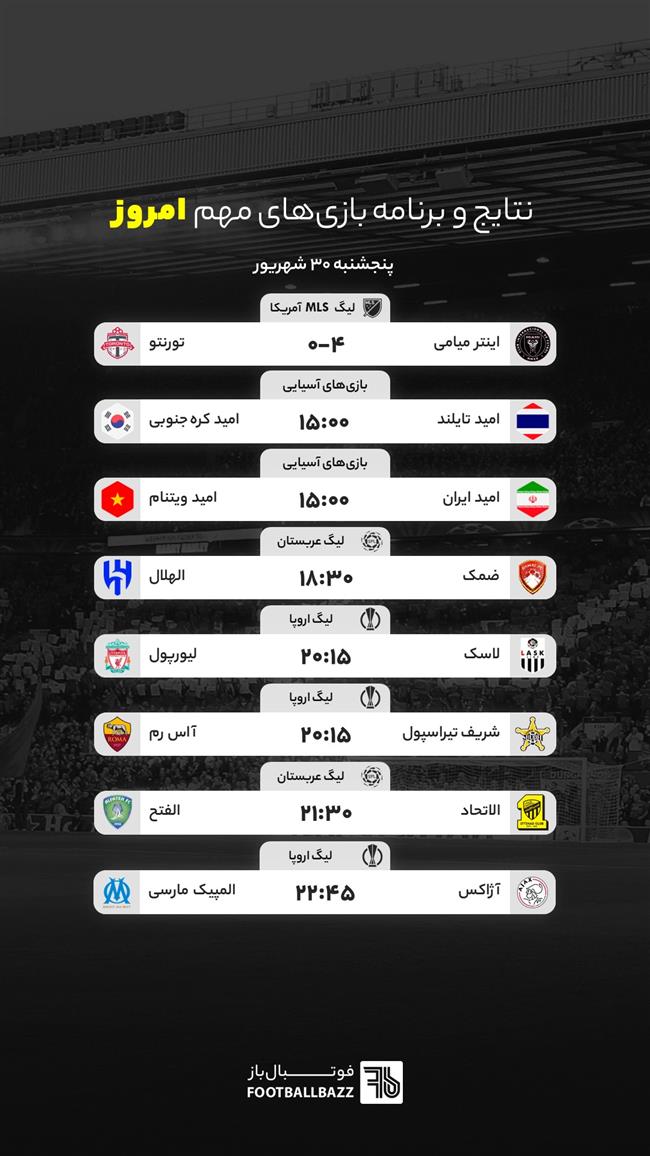 نتایج و برنامه بازی‌های مهم امروز - پنج‌شنبه 30 شهریور