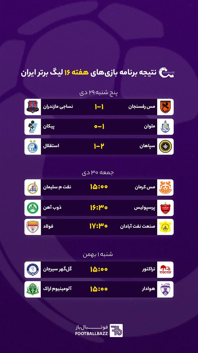 برنامه بازی های لیگ برتر ایران، جمعه 30 دی