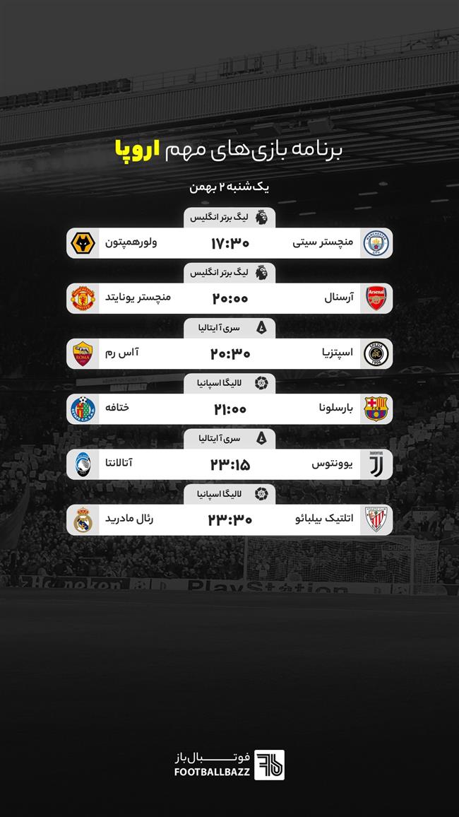 برنامه بازی های مهم اروپا، یک شنبه 2 بهمن