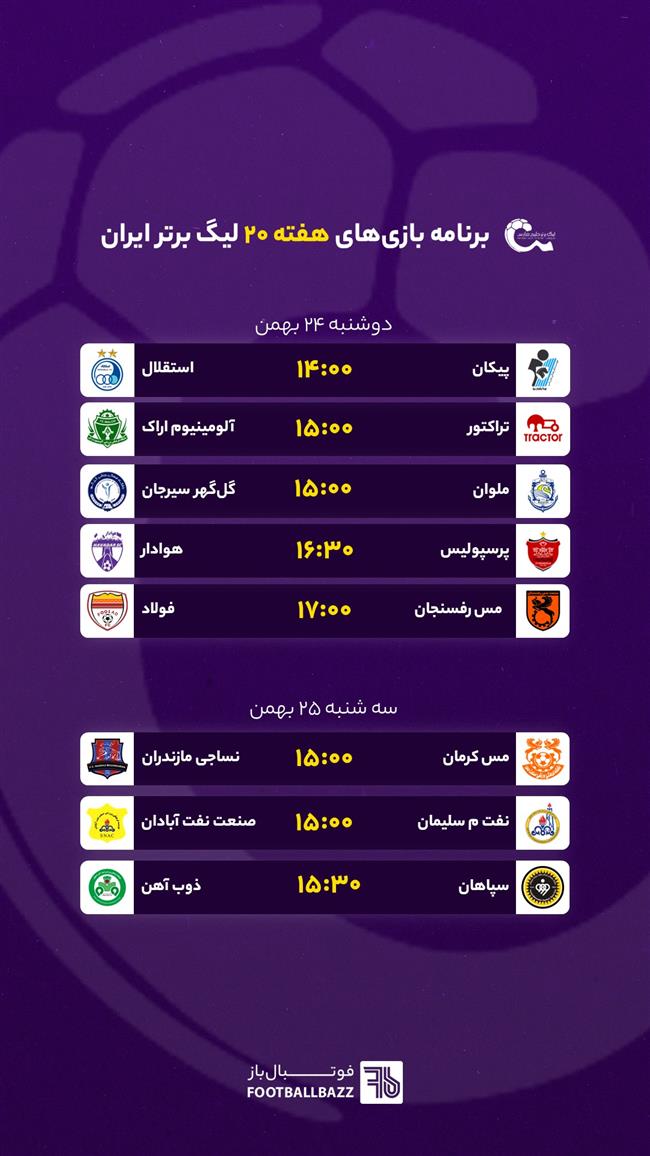 برنامه بازی های هفته بیستم لیگ برتر ایران